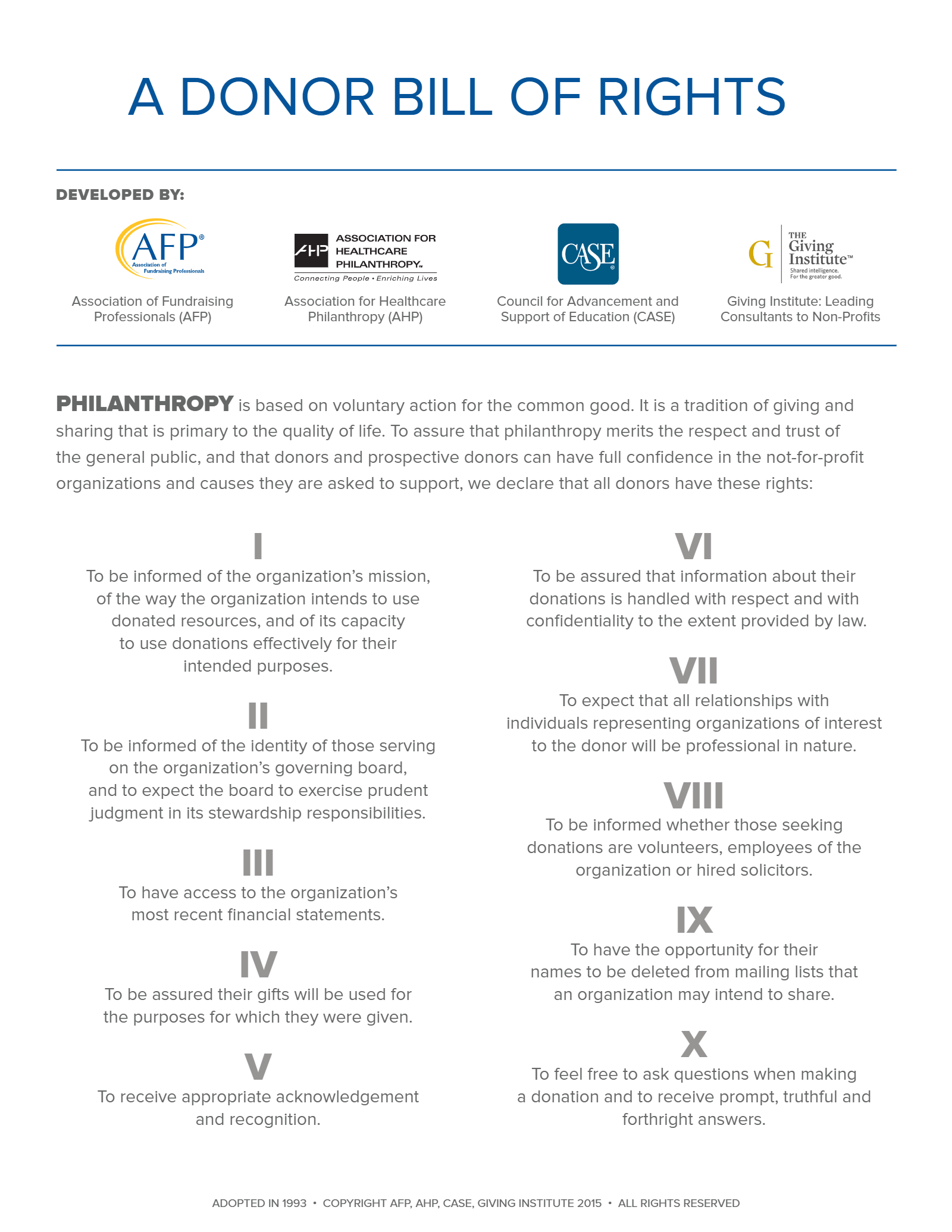 A Donor Bill of Rights, developed by the Association of Fundraising Professionals with partner organizations, setting out ten rights of donors.