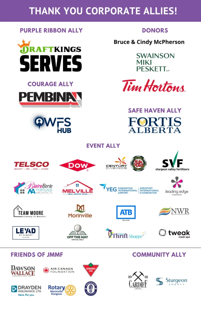 Thank you corporate allies. Sponsor logos grouped by giving level, from Purple Ribbon Ally through Event Ally, Friends of JMMF and Community Ally.