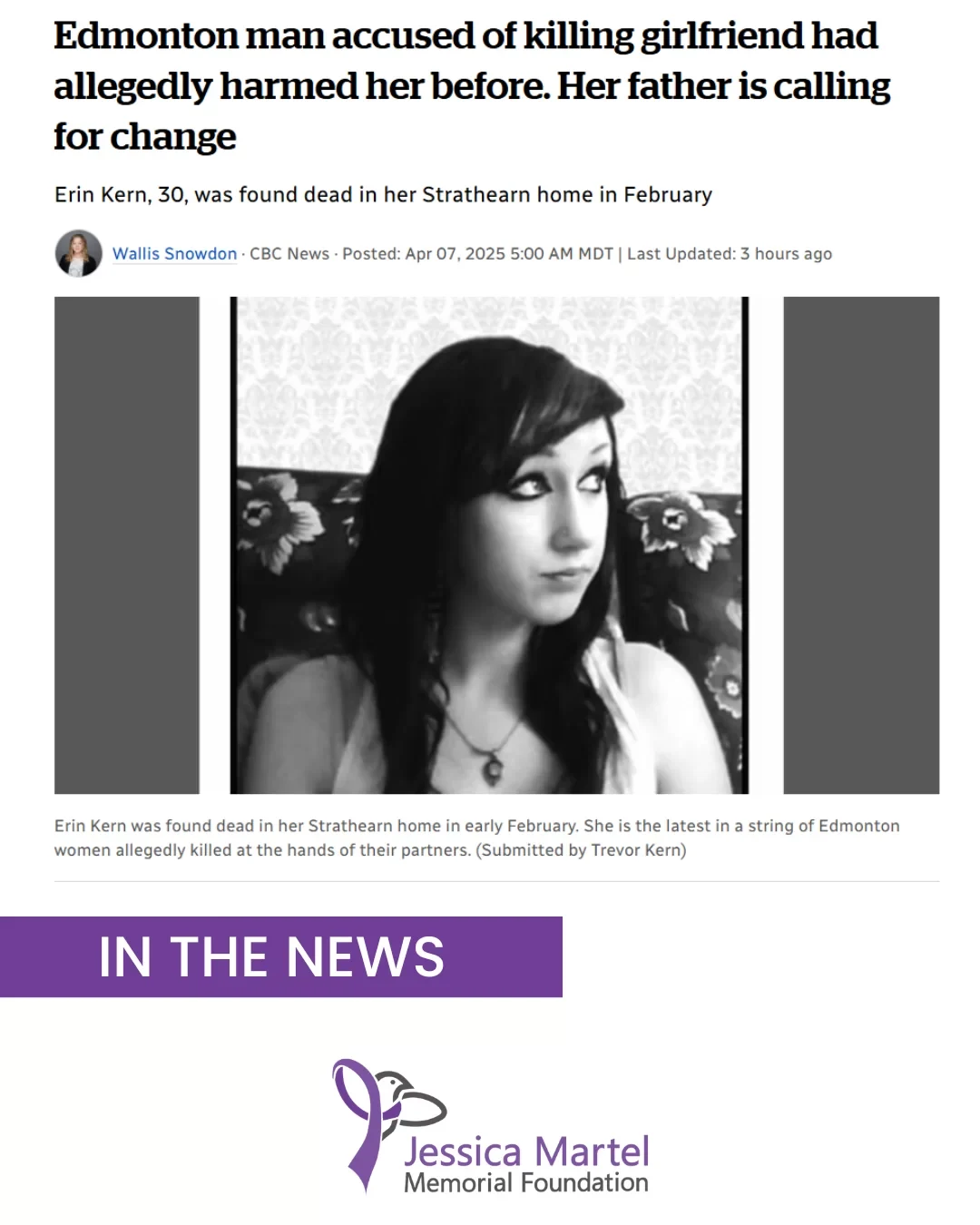 In the News: CBC story about Erin Kern, with her photo