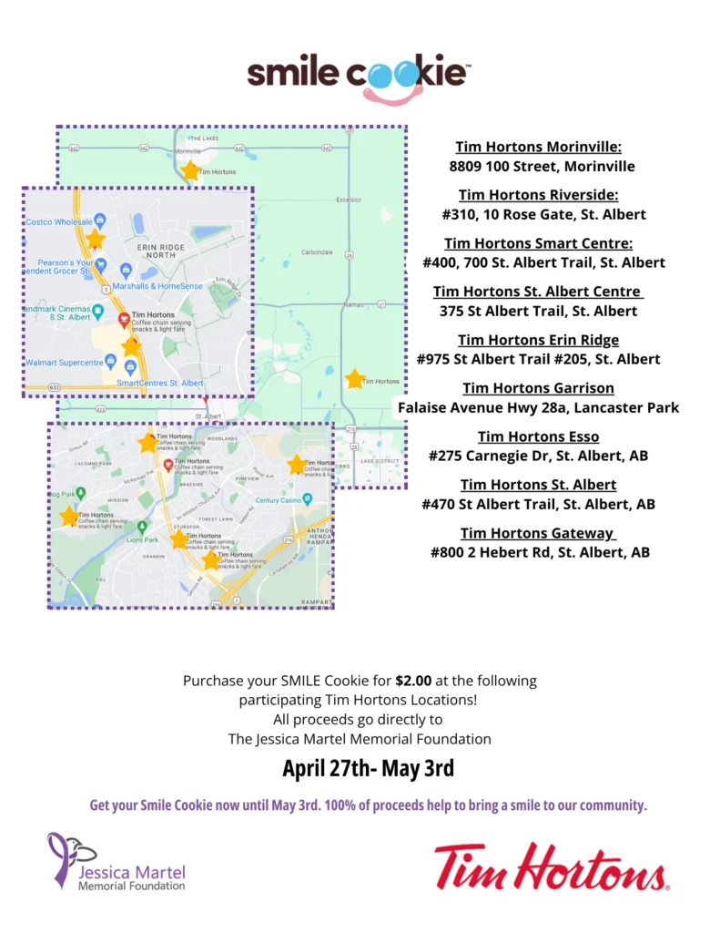 Map and list of the Tim Hortons locations taking part in Smile Cookie week, April 27 to May 3